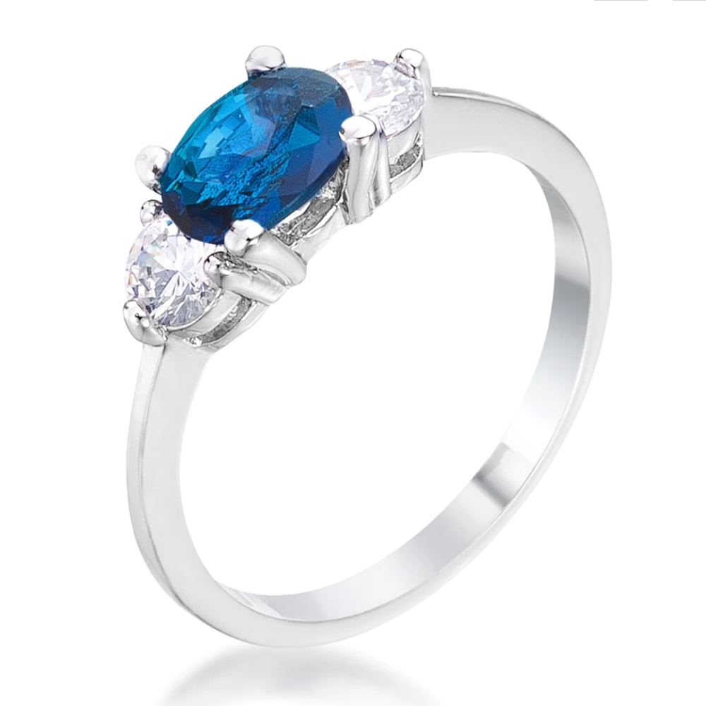 Blue Sapphire clear topaz women's Silver Rhodium Ring size 5